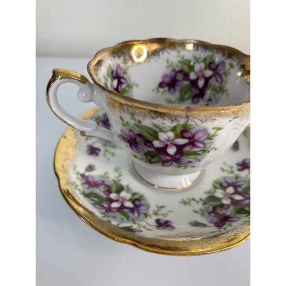 Old Gold Japan Handpainted Gold Edge Purple Floral Teacup & Saucer Made in Japan - Picture 2 of 12
